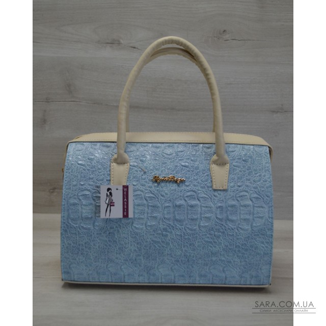 Каркасна жіноча сумка Саквояж блакитний крокодил з бежевими ручками WeLassie дешево Каркасна жіноча сумка Саквояж блакитний крокодил з бежевими ручками WeLassie дешево