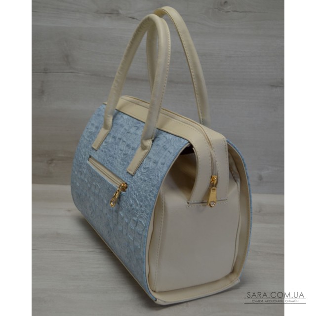 Каркасна жіноча сумка Саквояж блакитний крокодил з бежевими ручками WeLassie дешево Каркасна жіноча сумка Саквояж блакитний крокодил з бежевими ручками WeLassie дешево