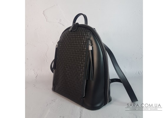 Сумка-рюкзак "Элипс" натуральная кожа, черная с тиснением "венето" Anko