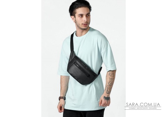 Мужская поясная кожаная сумка бананка Sambag Tirso Max черная