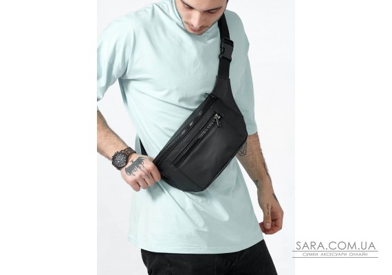 Мужская поясная кожаная сумка бананка Sambag Tirso Max черная