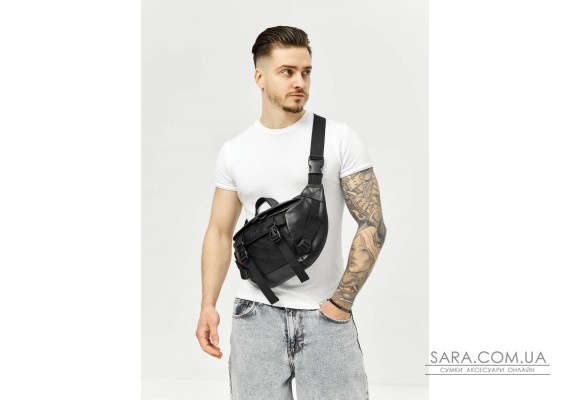 Велика шкіряна чоловіча поясна сумка бананка Sambag DynamicDart чорна