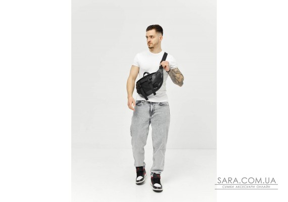 Велика шкіряна чоловіча поясна сумка бананка Sambag DynamicDart чорна