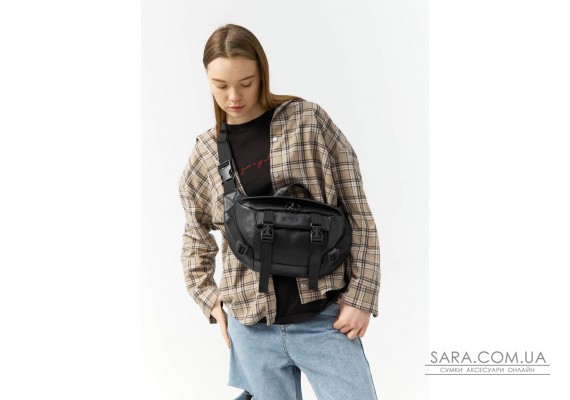 Большая кожаная женская поясная сумка бананка Sambag dynamicdart черная