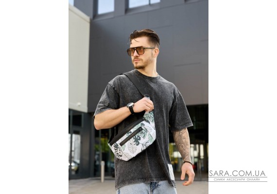 Велика чоловіча сумка на пояс бананка Sambag Tirso Max принт "Leaves"