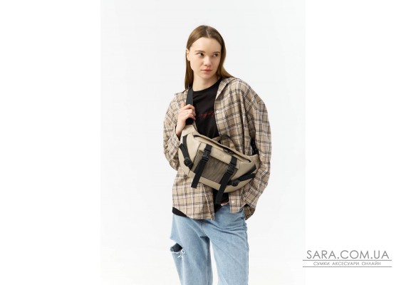 Большая кожаная женская поясная сумка бананка Sambag dynamicdart серая