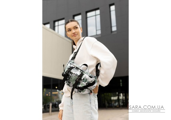 Большая женская поясная сумка бананка Sambag DynamicDart тканевая принт "Leaves"