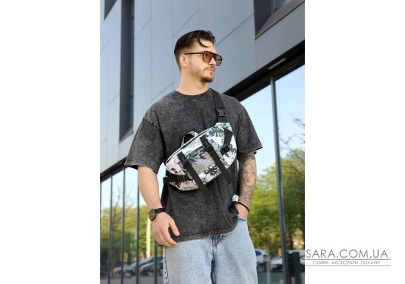 Велика чоловіча поясна сумка бананка Sambag DynamicDart тканева принт "Leaves"