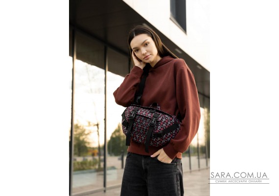 Большая женская поясная сумка бананка Sambag DynamicDart черная тканевая принт