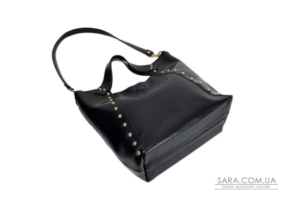 Сумка жіноча "ХОЛЛІ" натуральна шкіра, чорна з тисненням під плетінку