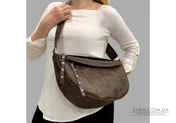 Сумка жіноча бананка "Джой" натуральна шкіра, коричнева,тисненяя під крокодила