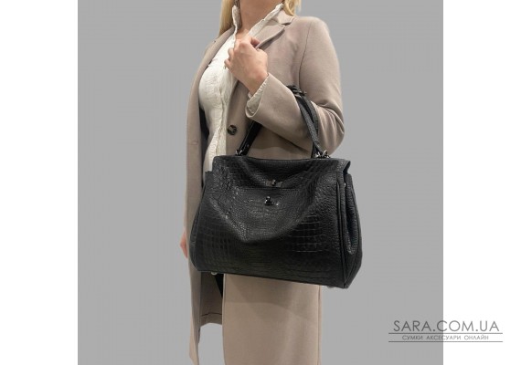 Сумка жіноча "Діана" натуральна шкіра, чорна під крокодила