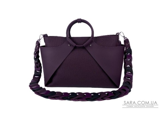 Сумка жіноча "РОНДА" натуральна шкіра, баклажан матова з плетінкою та з плетеним ременем
