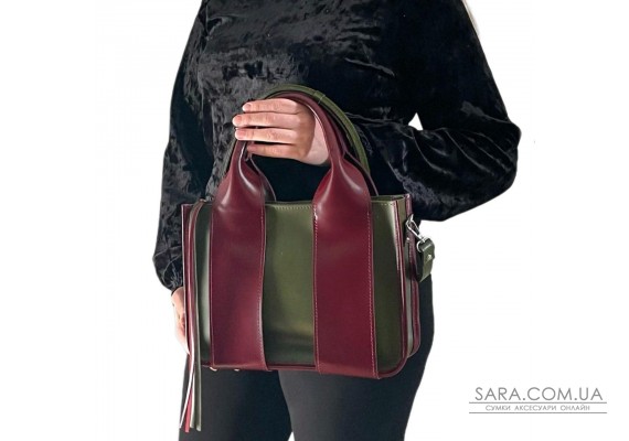 Сумка жіноча "Фіона S" натуральна шкіра, хакі/бургунді глянцева
