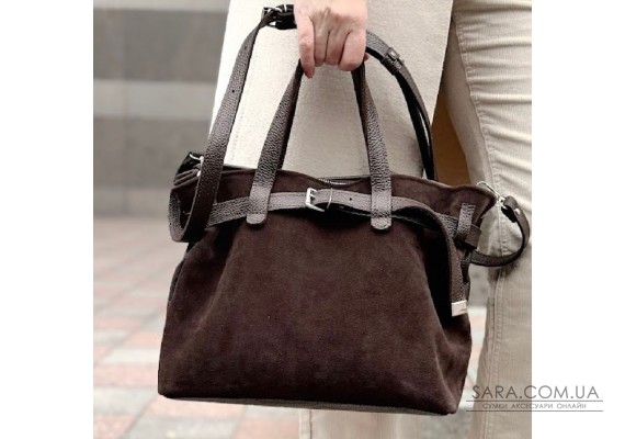 Сумка женская "Хлоя-плюс" натуральная кожа, коричневая (шоколад) флотарь/замш