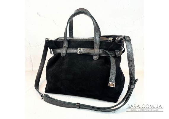 Сумка женская "Хлоя-плюс" натуральная кожа, черная флотарь/замш