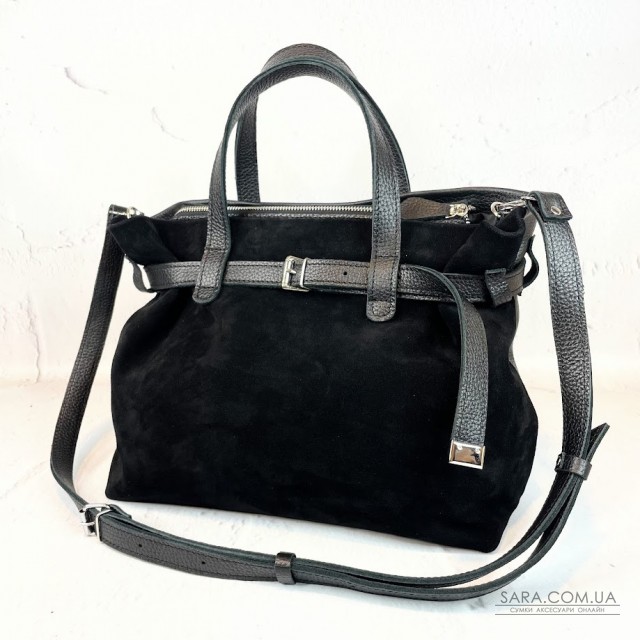 Сумка женская "Хлоя-плюс" натуральная кожа, черная флотарь/замш Сумка женская "Хлоя-плюс" натуральная кожа, черная флотарь/замш
