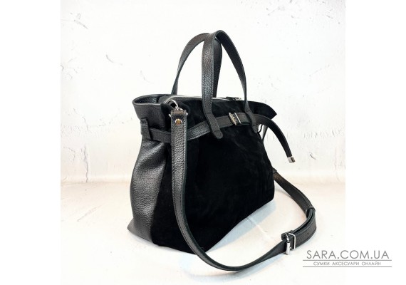 Сумка женская "Хлоя-плюс" натуральная кожа, черная флотарь/замш