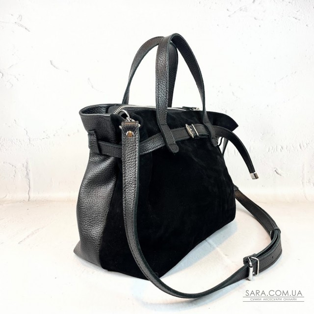 Сумка женская "Хлоя-плюс" натуральная кожа, черная флотарь/замш Сумка женская "Хлоя-плюс" натуральная кожа, черная флотарь/замш