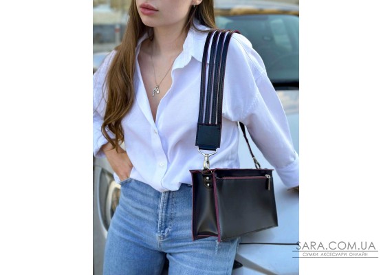 Сумка женская "Паола" натуральна шкра, з дизайнерським ременем, чорний/бургунді