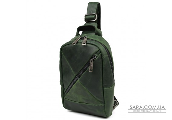 Рюкзак слинг кожаный с карманами TARWA RE-6020-3md зеленый крейзи хорс