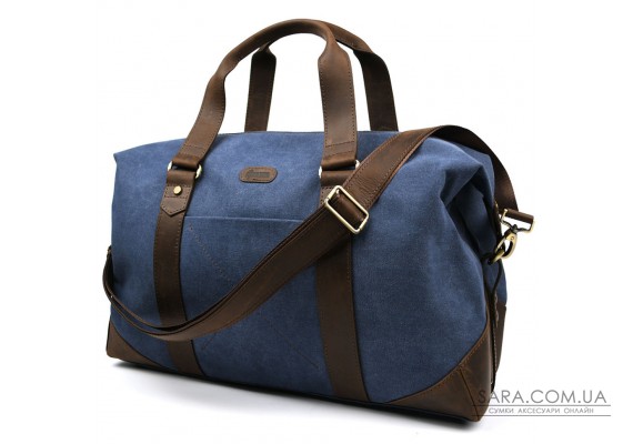 Дорожня спортивна сумка TARWA RCk-0320-4lx із синього канвасу та шкіри крейзі хорс