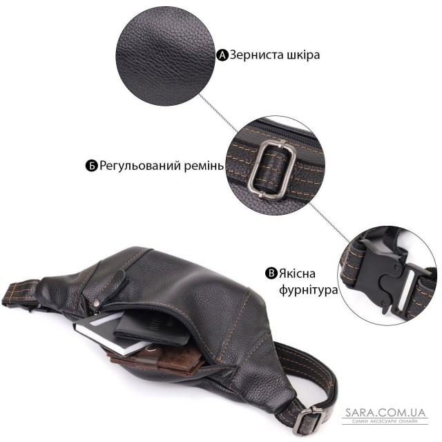 Приваблива сумка-бананка для чоловіків з натуральної шкіри зернистої Shvigel 23127 Чорний Приваблива сумка-бананка для чоловіків з натуральної шкіри зернистої Shvigel 23127 Чорний