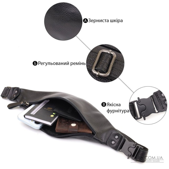 Зручна сумка бананка для чоловіків із зернистої натуральної шкіри Shvigel 23136 Чорний Зручна сумка бананка для чоловіків із зернистої натуральної шкіри Shvigel 23136 Чорний