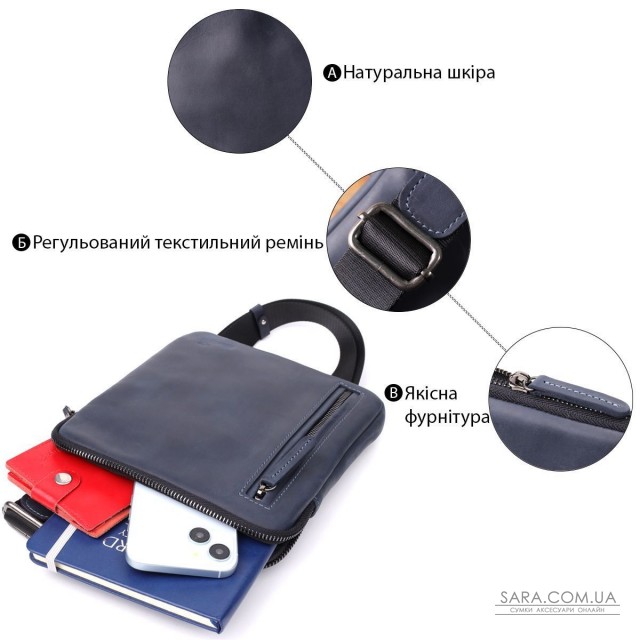 Сумка невеликого розміру для чоловіків на плече з натуральної шкіри Shvigel 23148 Синій Сумка невеликого розміру для чоловіків на плече з натуральної шкіри Shvigel 23148 Синій