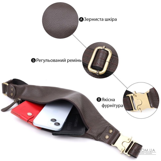 Модна сумка бананка для чоловіків із зернистої натуральної шкіри Shvigel 23137 Коричневий Модна сумка бананка для чоловіків із зернистої натуральної шкіри Shvigel 23137 Коричневий