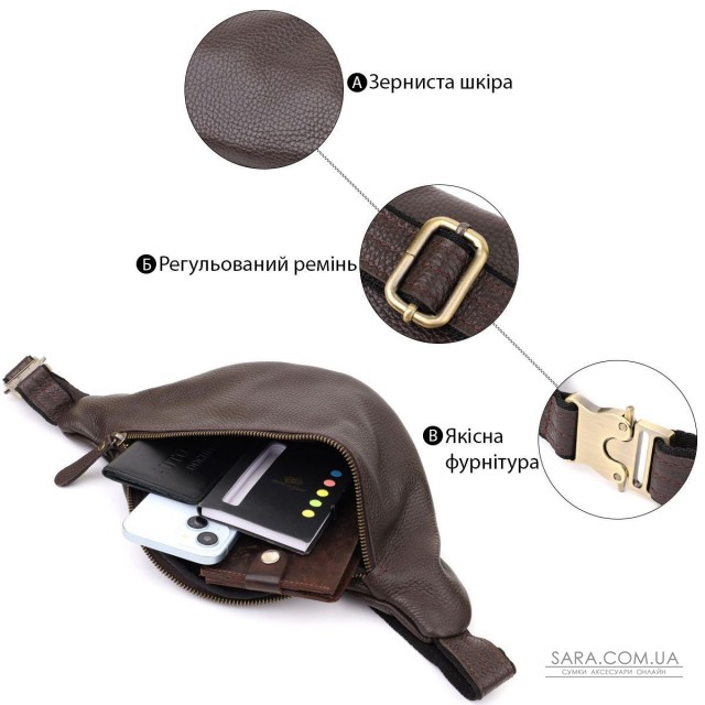 Стильна сумка бананка із зернистої натуральної шкіри Shvigel 23146 Коричневий Стильна сумка бананка із зернистої натуральної шкіри Shvigel 23146 Коричневий