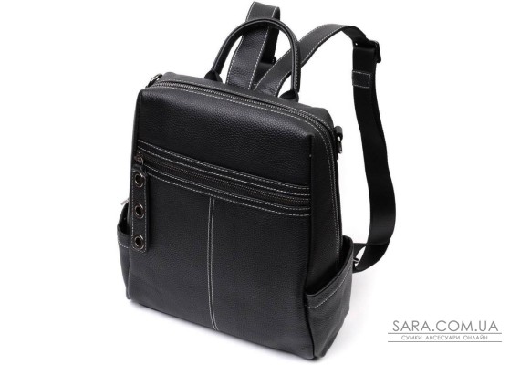 Вместительный женский рюкзак-сумка прошитый белой строчкой из натуральной кожи Vintage 22314 Черный