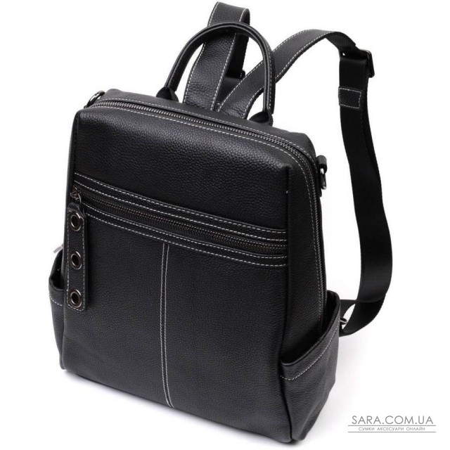 Вместительный женский рюкзак-сумка прошитый белой строчкой из натуральной кожи Vintage 22314 Черный Вместительный женский рюкзак-сумка прошитый белой строчкой из натуральной кожи Vintage 22314 Черный