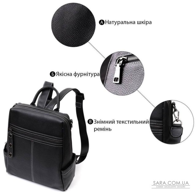 Вместительный женский рюкзак-сумка прошитый белой строчкой из натуральной кожи Vintage 22314 Черный Вместительный женский рюкзак-сумка прошитый белой строчкой из натуральной кожи Vintage 22314 Черный