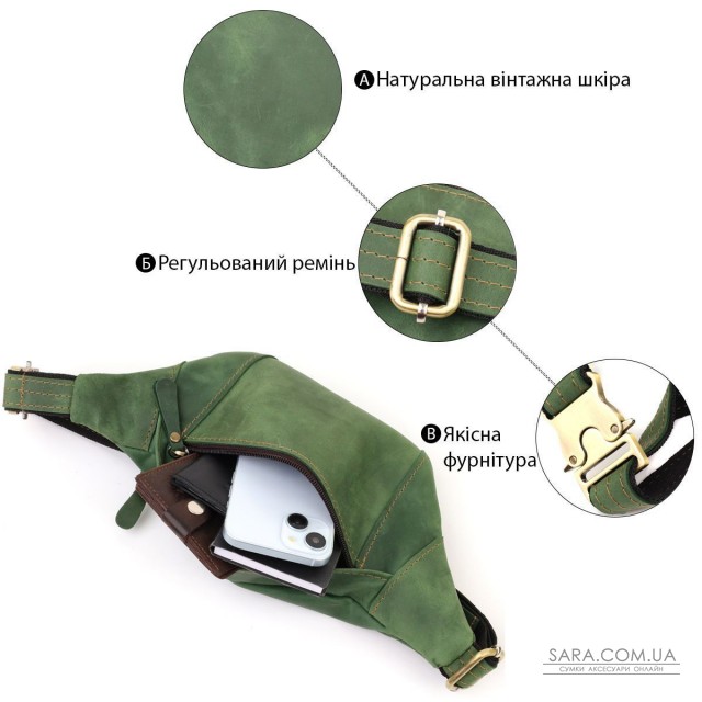 Модна сумка-бананка для чоловіків з натуральної vintage шкіри Shvigel 23124 Зелений Модна сумка-бананка для чоловіків з натуральної vintage шкіри Shvigel 23124 Зелений