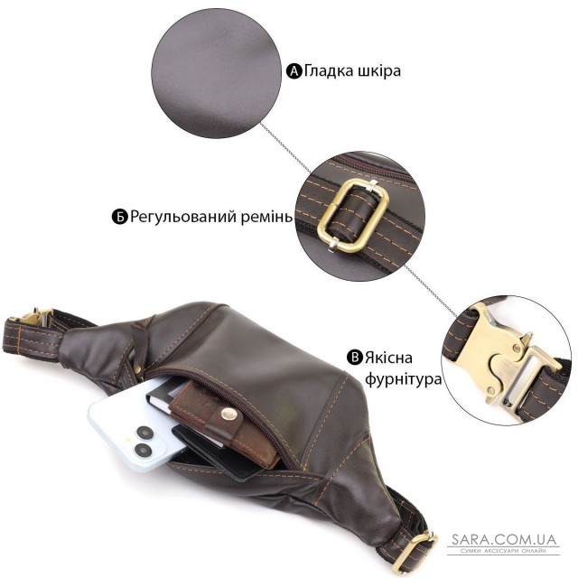 Чоловіча сумка-бананка компактного розміру з натуральної шкіри Shvigel 23126 Коричневий Чоловіча сумка-бананка компактного розміру з натуральної шкіри Shvigel 23126 Коричневий