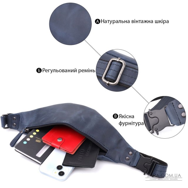 Чоловіча зручна бананка з натуральної вінтажної шкіри Shvigel 23132 Синій Чоловіча зручна бананка з натуральної вінтажної шкіри Shvigel 23132 Синій