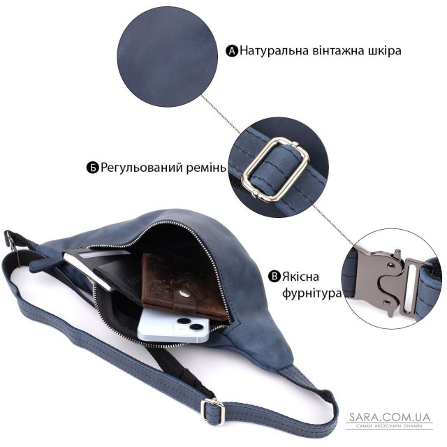 Чоловіча бананка відмінної якості з натуральної шкіри вінтажної Shvigel 23141 Синій Чоловіча бананка відмінної якості з натуральної шкіри вінтажної Shvigel 23141 Синій