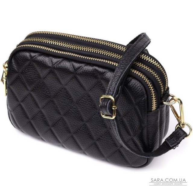 Сумка з натуральної шкіри з трьома відділеннями для жінок Vintage 22890 Чорний Сумка з натуральної шкіри з трьома відділеннями для жінок Vintage 22890 Чорний
