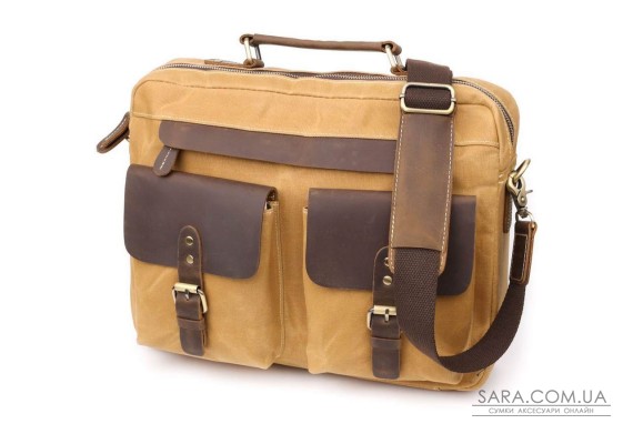 Стильний портфель з якісного текстилю зі шкіряними вставками Vintage 20874_1 Світло-коричневий Стильний портфель з якісного текстилю зі шкіряними вставками Vintage 20874_1 Світло-коричневий
