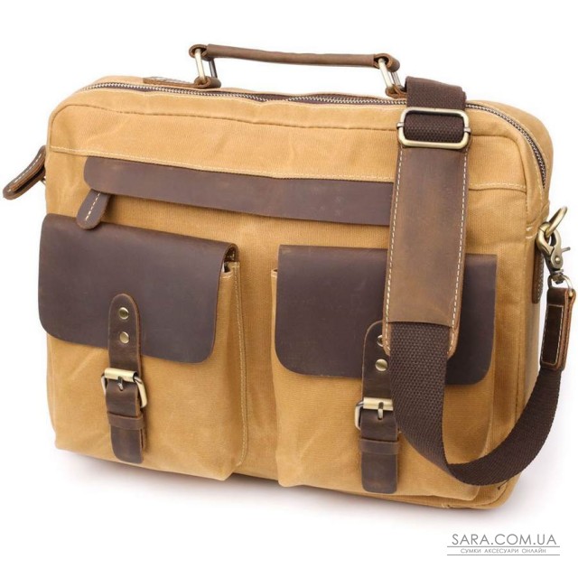 Стильный портфель из качественного текстиля из кожаными вставками Vintage 20874_1 Светло-коричневый Стильный портфель из качественного текстиля из кожаными вставками Vintage 20874_1 Светло-коричневый