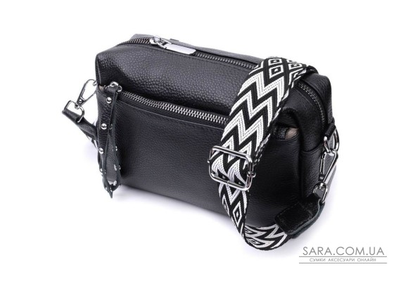 Практичная женская кожаная сумка из стильным бегунком Vintage 22654 Черная