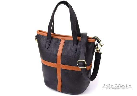 Женская кожаная сумка с коричневой вставкой на лицевой стороне Vintage 22997 Черный