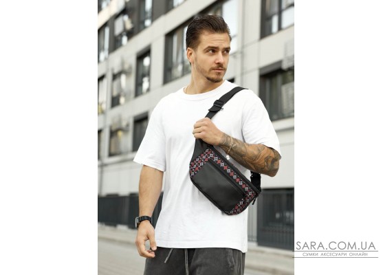 Велика чоловіча сумка на пояс бананка Sambag Tirso Max чорна принт