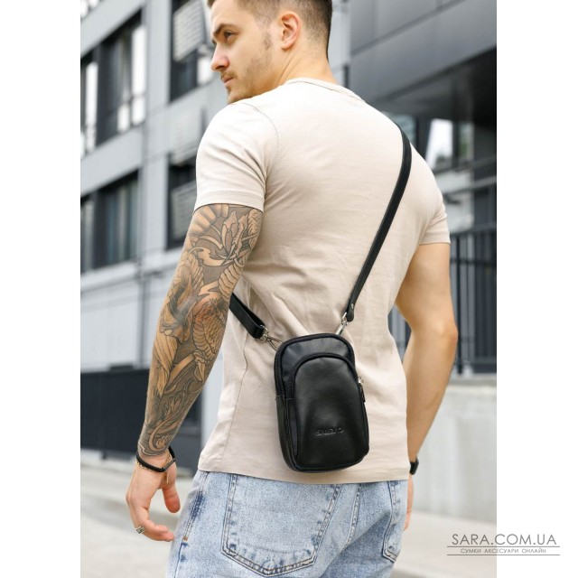 Чорна чоловіча шкіряна сумка Sambag Modena для телефону Чорна чоловіча шкіряна сумка Sambag Modena для телефону
