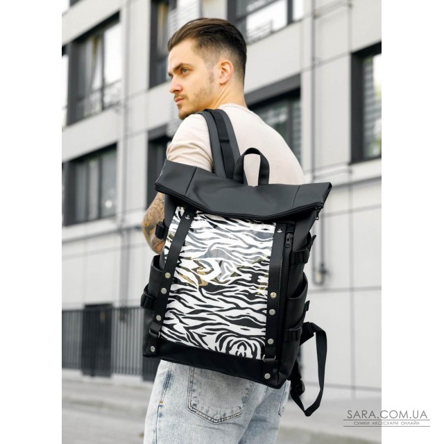 Рюкзак мужской Sambag RollTop Hacking черный принт "Zebra" Рюкзак мужской Sambag RollTop Hacking черный принт "Zebra"