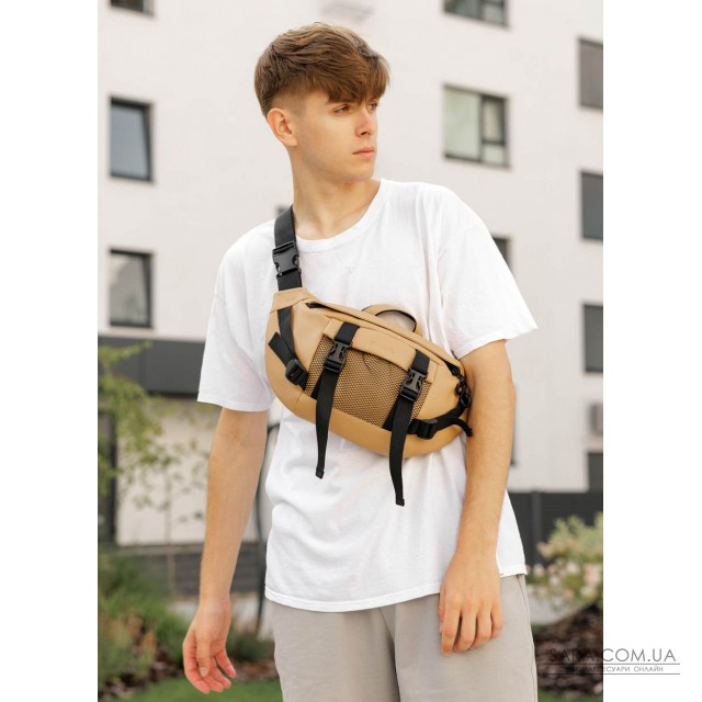 Велика чоловіча поясна сумка бананка Sambag DynamicDart бежева Велика чоловіча поясна сумка бананка Sambag DynamicDart бежева