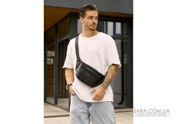 Велика чоловіча шкіряна сумка на пояс бананка Sambag Tirso Max чорна