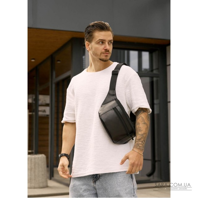Велика чоловіча шкіряна сумка на пояс бананка Sambag Tirso Max чорна Велика чоловіча шкіряна сумка на пояс бананка Sambag Tirso Max чорна