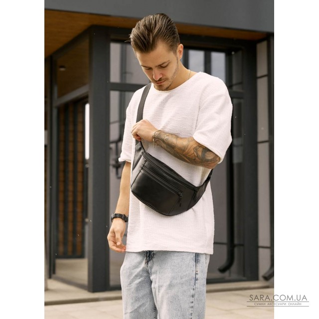 Велика чоловіча шкіряна сумка на пояс бананка Sambag Tirso Max чорна Велика чоловіча шкіряна сумка на пояс бананка Sambag Tirso Max чорна